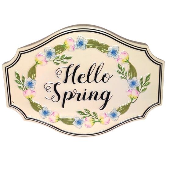 Hello Spring Enamel Metal Wall Sign Easter Decor Pink and Blue Flowers - Picture 12 of 12